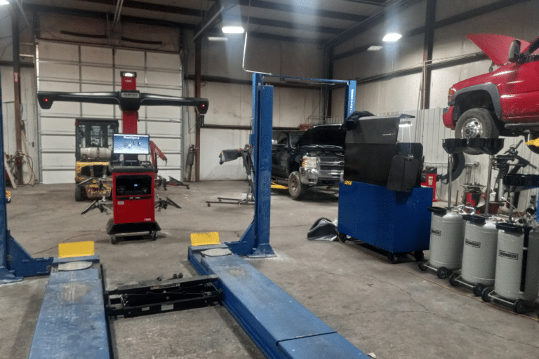 Wheel Alignment in Jamestown, TN at Independent Auto and Diesel Repair. Image of professional wheel alignment rack and service bay.